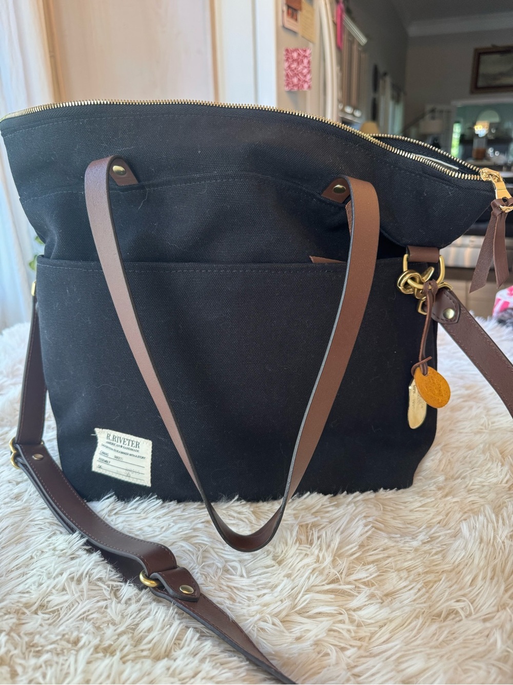 R Riveter Otto Tote Bag Black Canvas Brown Leather